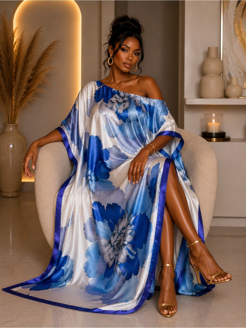 Satin Kaftan Maxi Dress & Matching Head Scarf | Blue Floral Resort Caftan - Picture 3 of 4